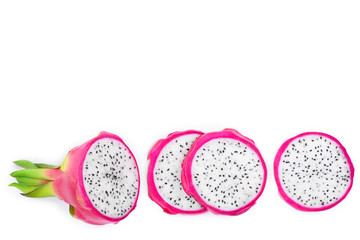 Dragon fruit, Pitaya or Pitahaya isolated on white background with copy space for your text. Top view. Flat lay