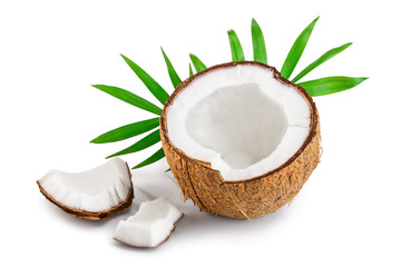 half of coconut with leaves isolated on white background