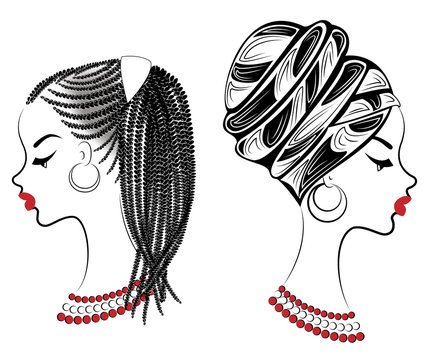 Collection.Profile the head of the sweet lady. African-American girl with a beautiful hairdo. The lady wears a turban, a national headdress. Set of vector illustrations