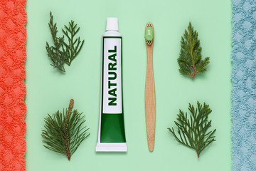 Tube of natural toothpaste and bamboo toothbrush on green background
