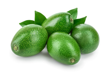 whole avocado with leaf isolated on white background close-up