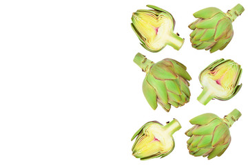 Naklejka premium Fresh Artichokes and half isolated on white background with copy space for your text. Top view. Flat lay,