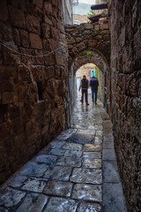 Dark and Narrow streets in the Old City of Akko. Taken in Acre, North District, Israel.