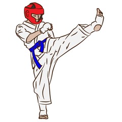 Karate or taekwondo. Fight in vector action. Kick from 3d art.