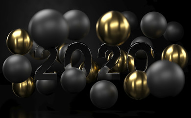 2020 Golden and black abstract background with 3d spheres bubbles.  Christmas balls textured with gold. Jewelry cover concept. Horizontal banner. Decoration design for New Year. 3d rendering.