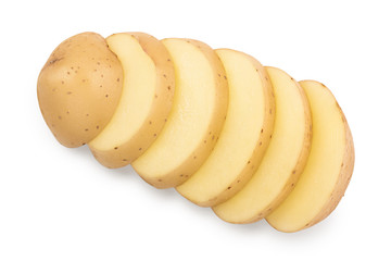 Young slice potato isolated on white background. Harvest new. Top view. Flat lay
