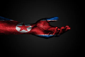 Outstretched hand with a drawn north korea flag, a sign of help or a request, on a dark background.