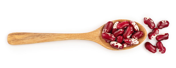 variegated kidney bean in wooden spoon isolated on white background. Top view. Flat lay
