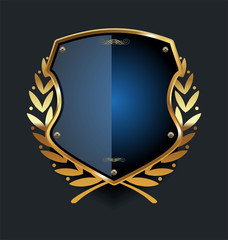 Obraz premium Golden shield and laurel wreath retro design 