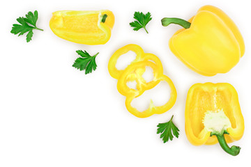 yellow sweet bell pepper isolated on white background with copy space for your text. Top view. Flat lay