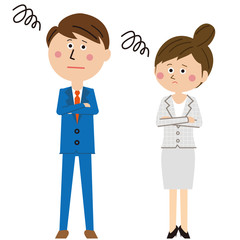 ポップなスーツを着た男女が困る