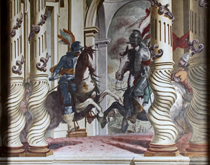 Fototapeta na wymiar scena cavalleresca; affresco nella cappella di Sant'Antonio da Padova; chiesa di Santa Maria della Passione, Milano