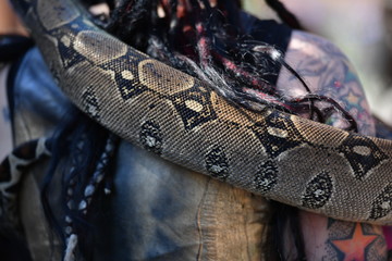 A boa constrictor on the shoulder of an actress.