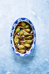Fiori di zucca ripieni (stuffed courgette flowers, Italy).