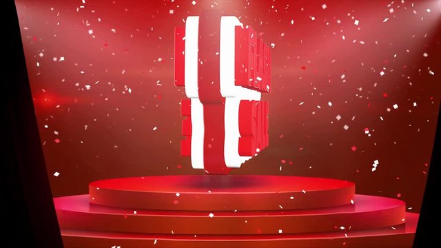 Flash Sale Text Animation on 3d Stage Podium Carpet. Reval Red Curtain With Abstract Foil Confetti Blast, Spotlight, Glitter Sparkles, Loop 4k Animation.
