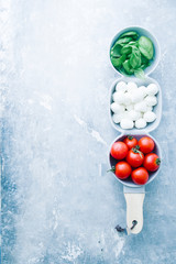 Mini mozzarella cheese, tomatoes and green basil.