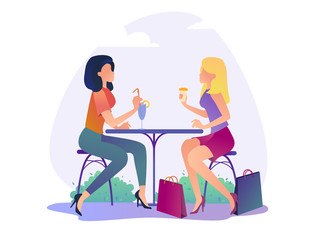 Girls talk in a cafe after shopping - vector