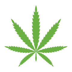 Cannabis leaf green color. Vector Marijuana icon. Symbol of hemp. Illustration isolated on white background.