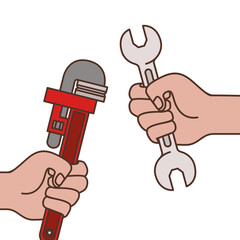 hands with plumber key and wrench icons