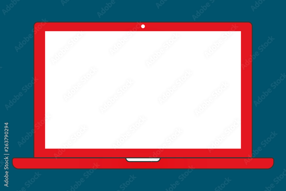 Fototapete Red color notebook laptop front view with white screen and camera on green background. Red notebook vector eps10.