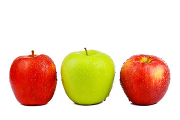 Red and green apples on white background. Isolated apple. Green and red fruits. Blank for designer. Vegetarian food