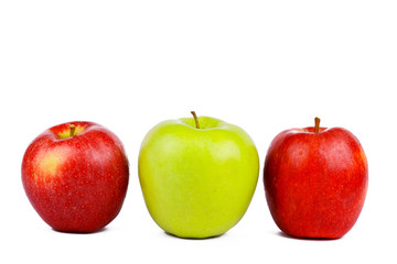 Red and green apples on white background. Isolated apple. Green and red fruits. Blank for designer. Vegetarian food