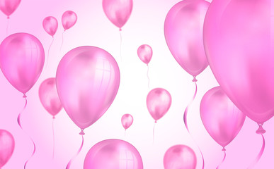 Glossy pink color Flying helium Balloons backdrop with blur effect. Wedding, Birthday and Anniversary Background. Vector illustration for invitation card, party brochure, banner