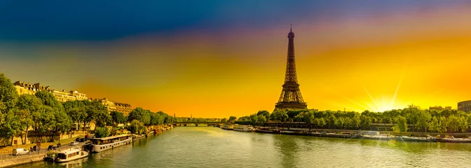 Fotobehang Amazing panoramic image of sunrise at the Eiffel tower in spring in Paris, France © zefart