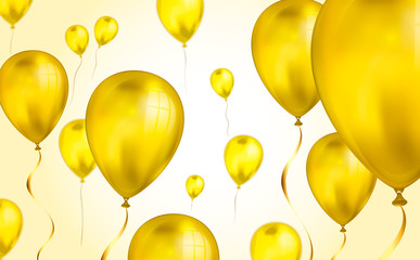 Glossy gold Flying helium Balloons backdrop with blur effect. Wedding, Birthday and Anniversary Background. Vector illustration for invitation card, party brochure, banner