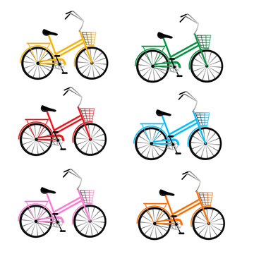 Set of multi-colored bicycles. Six different colors of bike - yellow, green, blue, red, pink and orange on a white background. Vector clipart, flat style illustration.