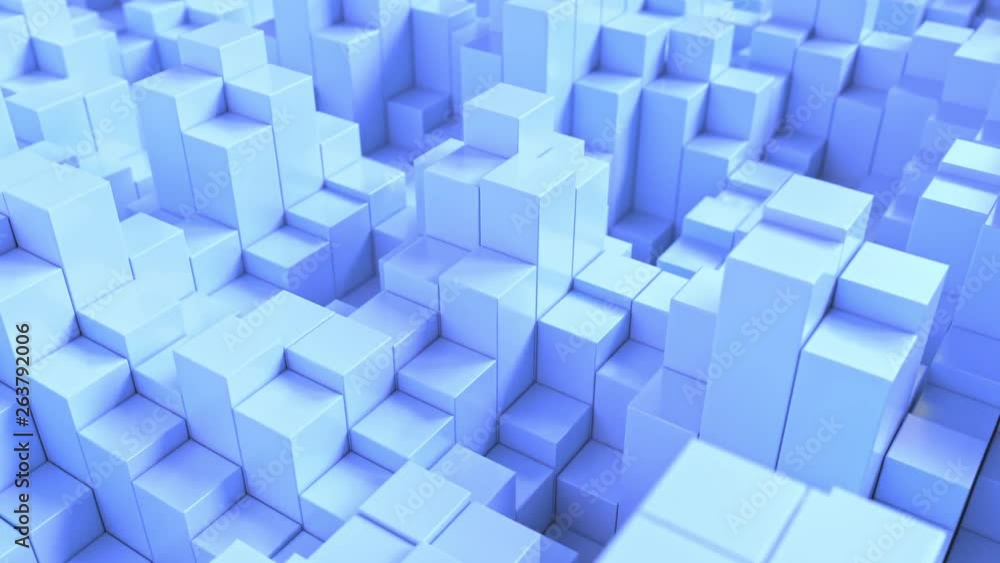 Poster abstract background with blue moving cubes. geometric composition with random boxes or columns. moti