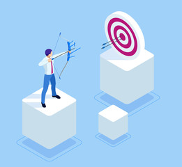 Isometric Businessman shooting a bow and arrow. Success. Arrow hit the center of the target. Business target achievement concept.