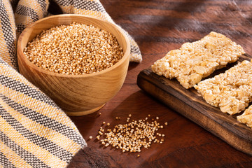 Amaranth energy bar on the wooden table - Amaranthus. Top view