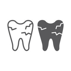 Cracked tooth line and glyph icon, mouth and dental, damaged tooth sign, vector graphics, a linear pattern on a white background.