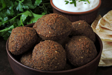 Falafel with pita bread, sauce and herbs. Middle Eastern cuisine.