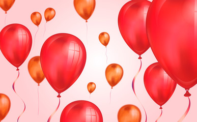 Glossy red color Flying helium Balloons backdrop with blur effect. Wedding, Birthday and Anniversary Background. Vector illustration for invitation card, party brochure, banner