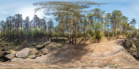 full seamless spherical panorama 360 degrees angle view ruined abandoned military fortress of the First World War in pine forest in equirectangular projection, VR AR content