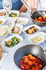 Saganaki and meze appetizers at the local greek restaurant. Healthy seafood and vegetarian snacks. Local mediterranean cuisine. Friendly dinner or lunch