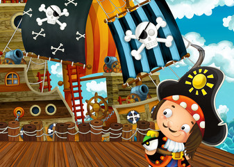 cartoon scene with pirate sailing ship docking - illustration for children