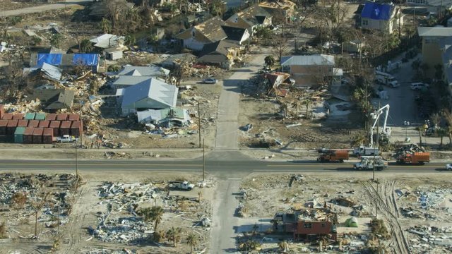 Aerial view devastation to property wake of Hurricane 