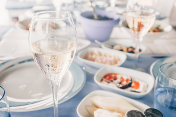 Wine and meze appetizers at the local greek restaurant. Healthy vegetarian snacks. Local mediterranean cuisine. Friendly dinner or lunch