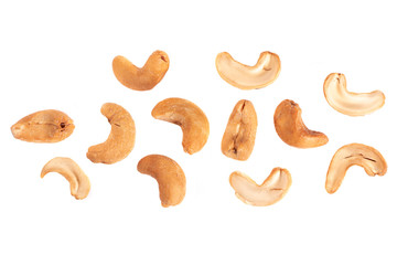Cashew nuts isolated on white background. top view