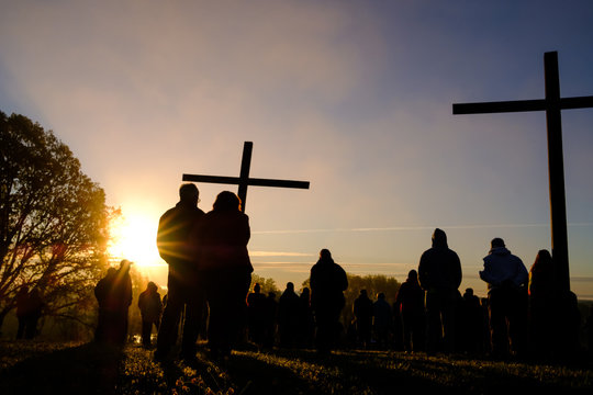 Images From A Mountaintop Sunrise Easter Service In Virginia With Crosses.