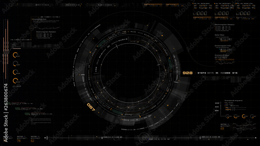 Fototapete Futuristic motion graphic user interface head up display screen with digital data telemetry information display for digital background computer desktop display screen