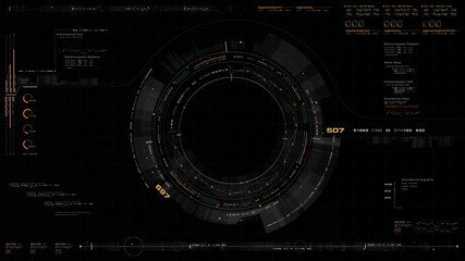 Futuristic motion graphic user interface head up display screen with digital data telemetry information display for digital background computer desktop display screen