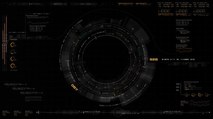 Futuristic motion graphic user interface head up display screen with digital data telemetry information display for digital background computer desktop display screen