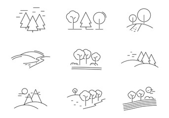 Landscape Thin Line Icon Set - Isolated On White Background. Vector Illustration, Graphic Design. Landscape Icon For Tree Template, Hill Logo, Mountain Symbol, Pictogram Sign And Park Design