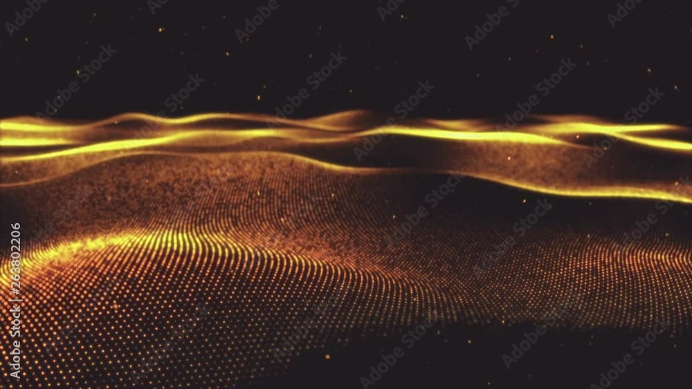 Poster 4k glowing dots surface. wavy structure .glow particles. floating waves effect. chaotic motion. geom