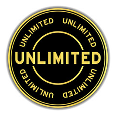 Black and gold color word unlimited round seal sticker on white background