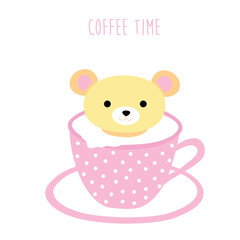 Coffee time cute bear in coffee cup vector-illustration. Coffee and drink concept background
